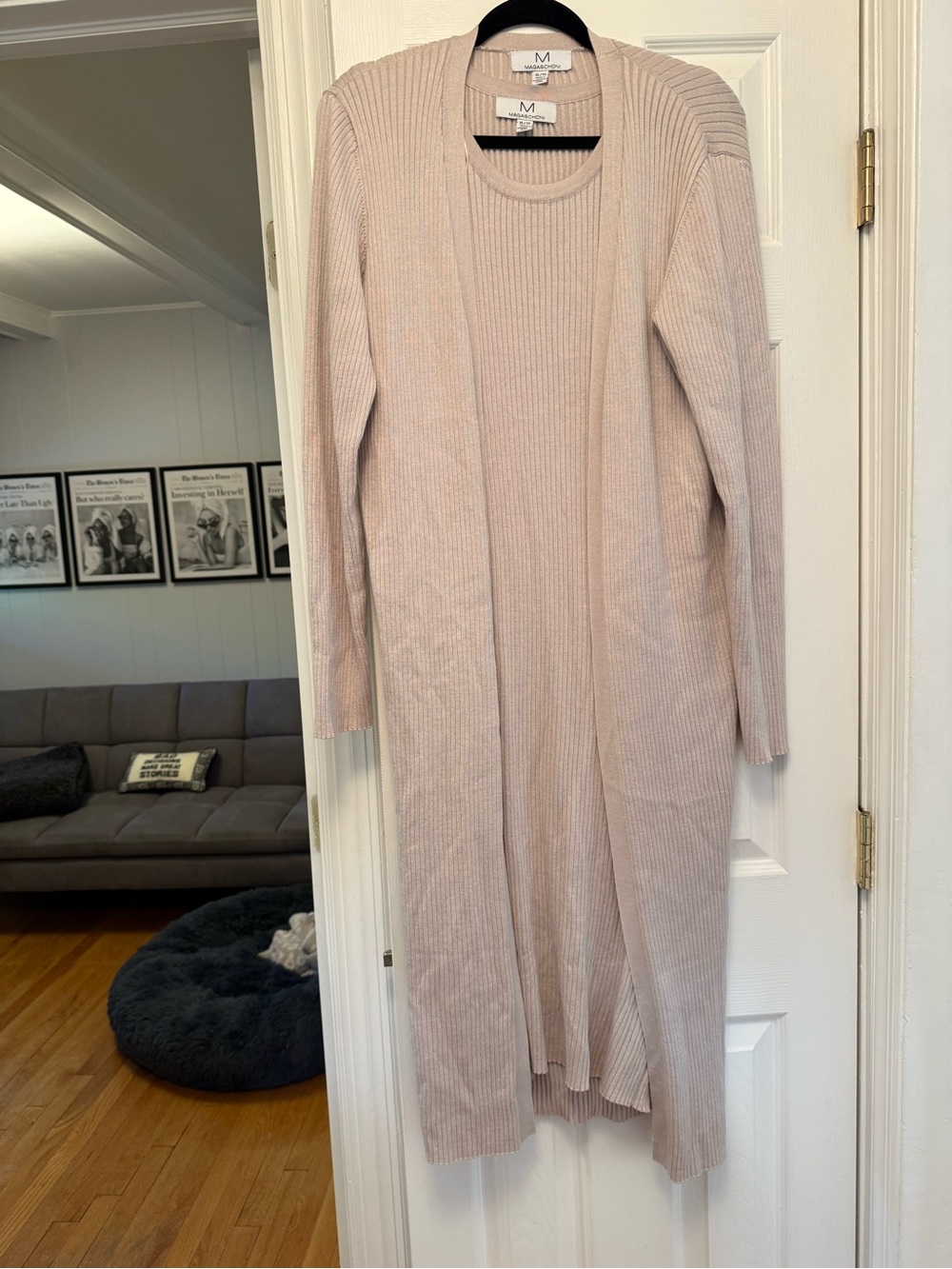 Magaschoni Long Ribbed Knit Dress & Open Cardigan in Beige